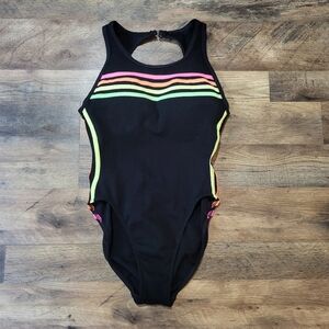 Vintage Backflips Neon Striped One Piece Swimsuit Union Made in USA Size 9/10